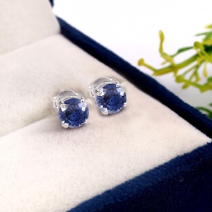 Flawless Ceylon Royal Blue Sapphire Round Cut Dangle stud, Handmade Silver Dangles,925 Sterling Silver Dangle Earrings, Gift for her 6x6MM