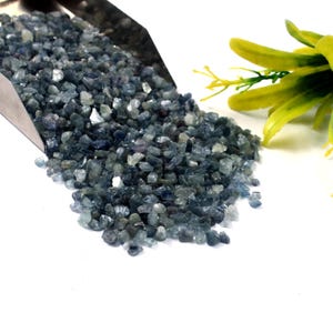 Peut inclure: Un tas de petites pierres précieuses bleu-gris brutes s'échappe d'une pelle métallique sur une surface blanche. Les pierres précieuses varient en taille et en forme, avec un mélange de tons clairs et foncés. Quelques feuilles jaune-vert sont visibles en arrière-plan.