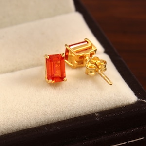 Flawless Ceylon Padparadscha Sapphire Emerald Cut Stud Earrings, Handmade Silver Studs,925 Sterling Gold Plated Stud Earrings Valentine Gift