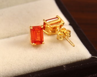 Flawless Ceylon Padparadscha Sapphire Emerald Cut Stud Earrings, Handmade Silver Studs,925 Sterling Gold Plated Stud Earrings Valentine Gift