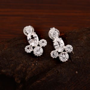 AAA Flawless Ceylon White Sapphire Oval / Round Cut Gemstone Stud Earrings, Handmade Silver Studs, 925 Sterling Silver Stud Earrings 7x5 MM