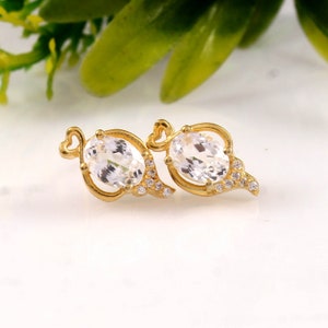 AAA Flawless Ceylon White Sapphire Oval Cut Stud Earrings, Handmade Silver Studs, 925 Sterling Gold Plated Stud Earrings Valentine Gift