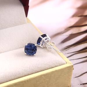 Wonderful Ceylon Royal Blue Sapphire Cushion Cut Gemstone Stud Earrings, Handmade Silver Studs, 925 Sterling Silver Stud Earrings 7x7 MM
