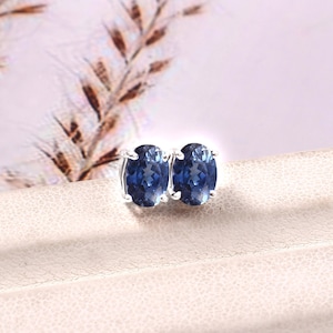 Awesome Ceylon Royal Blue Sapphire Oval Cut Dangle Stud, Handmade Silver Dangles, 925 Sterling Silver Dangle Earrings, Gift for her 7x5 MM