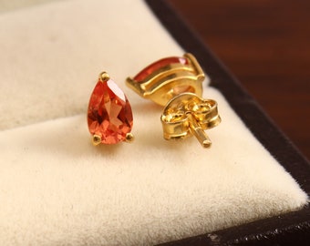 Handmade Padparadscha Sapphire Stud Earrings: Pear Cut, Gold Plated Silver