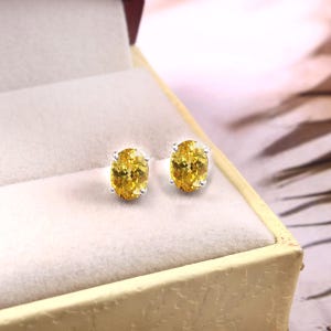 AAA Awesome Ceylon Yellow Sapphire Oval Cut Dangle stud, Handmade Silver Dangles, 925 Sterling Silver Dangle Earrings, Gift for her 7x5 MM