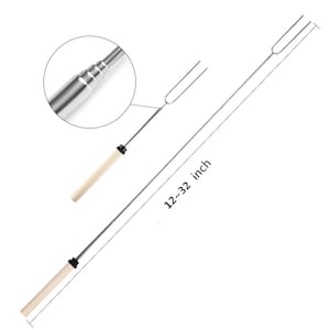 May include: A telescopic stainless steel marshmallow roasting stick with a wooden handle. The stick extends from 12 to 32 inches.