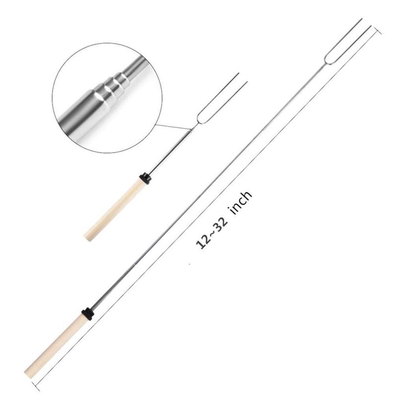 May include: A telescopic stainless steel marshmallow roasting stick with a wooden handle. The stick extends from 12 to 32 inches.