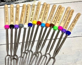 Set of 4 - S’mores Roasting Sticks, Marshmallow Roasting, Expanding Campfire, S’mores Sayings, Personalized Gift, Camping Hot Dog Sticks