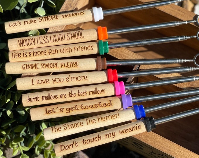 S’mores Roasting Stick, Engraved Marshmallow Roasting, Expanding Campfire, S’mores Sayings, Personalized Gift Camping Hot Dog Stick.