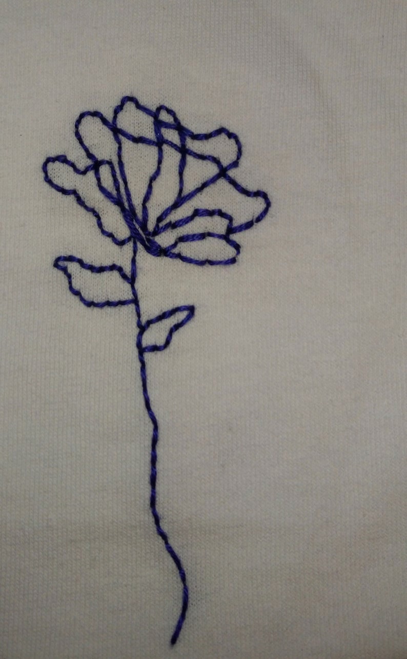 Puede incluir: Dise&ntilde;o de bordado floral cosido a mano. La imagen presenta un contorno azul de una rosa sobre un fondo de tela blanca. La flor tiene m&uacute;ltiples p&eacute;talos y un tallo con dos hojas. El bordado est&aacute; hecho con un solo hilo.
