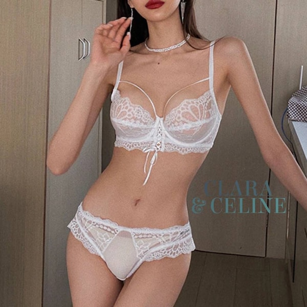 CATCHY BANDAGE Spitze Dessous Set Ultra dünn-dick (3/4cup) Push-up transparent BH und Atmungsaktive bequeme Spitzen Höschen in Großer Größe