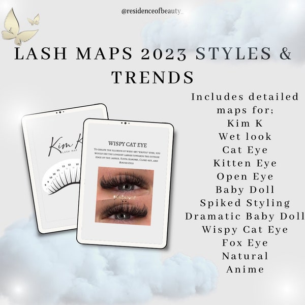 2023 UPDATED Eyelash Extension Lash Map Mapping Guide Ebook Downloadable Wet look Kim k doll cat fox eye style