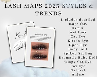 2023 UPDATED Eyelash Extension Lash Map Mapping Guide Ebook Downloadable Wet look Kim k doll cat fox eye style