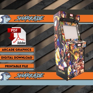 Könnte beinhalten: Ein digitaler Download von druckbaren Arcade-Grafiken mit Marvel-Charakteren. Die Grafiken sind für einen benutzerdefinierten Arcade-Schrank konzipiert und zeigen eine farbenfrohe Collage von Marvel-Superhelden. Die Grafiken enthalten den Text "Marvel vs Capcom".