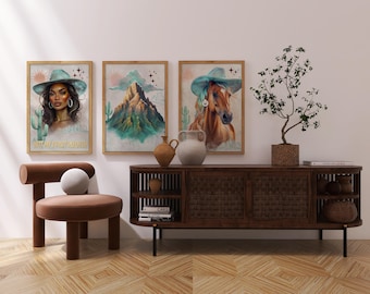 Cowgirl Wall Art Set, Country Horse and Mountain Art, Western Girl Wall Decor, Rustic Cowgirl Poster, Horse and Nature Print Set
