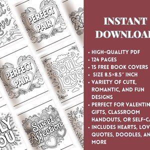 May include: A collection of black and white coloring pages with romantic themes, including hearts and love quotes. The words "Sweet Love", "Perfect Pair", "Soul Love", "Only You", and "Sweet Affection" are visible. The text "Instant Download" is also present.