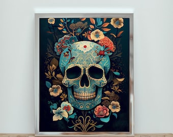 Floral Skull Canvas wall art print, Boho Gothic Home Decor Vintage halloween art, skull wall art, skeleton gothic poster, Digital Download