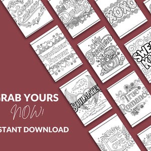 May include: A collection of black and white printable cards with romantic phrases like "Sweet Embrace," "Sweetheart Forever," and "Soulmates." The cards are arranged on a burgundy background with the words "Grab Yours Now!" and "Instant Download."
