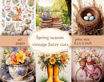 May include: A collection of watercolor illustrations with a spring theme. The images include bunnies, flowers, a bicycle, a bird's nest with eggs, and text that reads "Spring season vintage fuzzy cuts" and "40 pages". Print size is 8.5 x 11 inches.