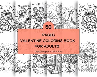 Valentine’s Day Adult Coloring Book Pages, Cute Easy Valentines Sheets, girlie Self‑Care Love coloring, Instant Download