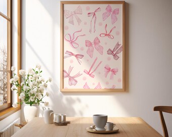 Różowa kokardka na ścianę, uroczy dziewczęcy plakat do pokoju dziewczynki, różowa kokardka do pokoju dziecięcego, dekoracja ścienna dla dziewczynki, grafika z różową kokardką