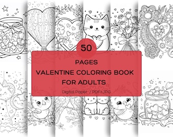 Valentine’s Day Coloring Book Pages  for Kids and Adults Romantic Cute Sheets, Instant Download, Printable PDF File.