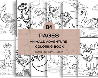 Páginas para colorir de aventuras com animais, folhas para colorir para imprimir, safári e selva para colorir para crianças, download digital em PDF