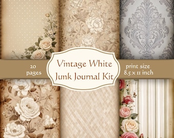 Vintage floral White Junk Journal Kit, Ephemera, Printable Neutral Papers Pages, Rose, Flowers, Cream, Ivory, Shabby, Vintage, Beige