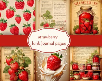 Vintage Strawberry Junk Journal Kit, Cottagecore Scrapbook Paper, Summer Ephemera Red Digital Strawberry clipart, Fussy cuts