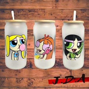 Cartoon Network:Teen power puff girls.Custom Frosted glass with bamboo lid and plastic straw.