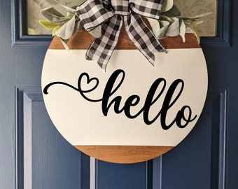 Hello Door Hanger, Farmhouse Wreath, Housewarming Gift, Family Name