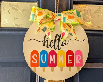 Hello Summer Wood Door Hanger, Popsicle Bow Decor