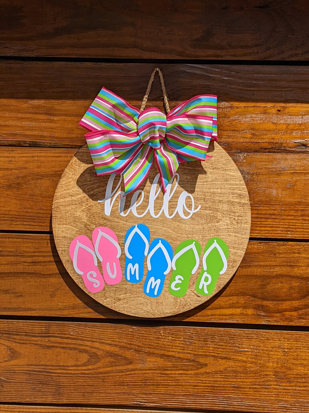 Hello Summer Wood Door Hanger , Summer Wreath, Round Wooden Door Hanger ...