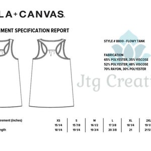 May include: A measurement chart for a flowy tank top, showing the chest and center front length measurements in inches for sizes XS, S, M, L, XL, and 2XL. The chart also includes the fabric composition: 65% polyester, 35% viscose; 52% polyester, 48% viscose; and 70% rayon, 30% polyester.