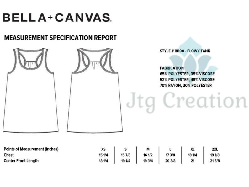 May include: A measurement chart for a flowy tank top, showing the chest and center front length measurements in inches for sizes XS, S, M, L, XL, and 2XL. The chart also includes the fabric composition: 65% polyester, 35% viscose; 52% polyester, 48% viscose; and 70% rayon, 30% polyester.