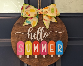 Hello Summer Wood Door Hanger, Popsicle Bow Decor