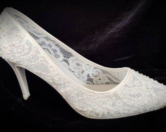 SALE ITEM! white lace & crystal court with satin heel...