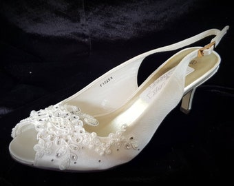 Bridal Ivory, sling back kitten heels with crystals, pearls & lace, made to order
