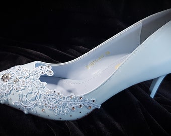 Blue embellished court shoes, made to order