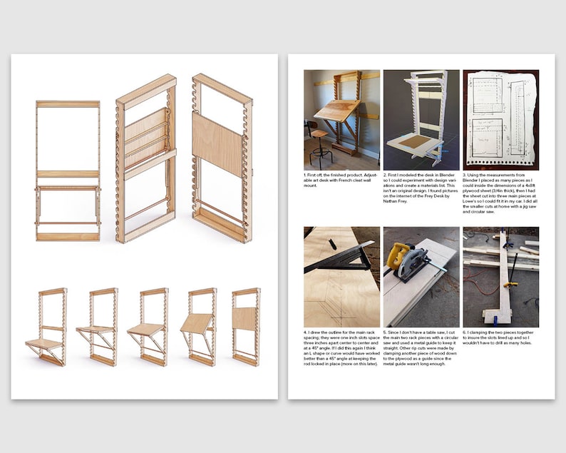 Puede incluir: Una gu&iacute;a paso a paso para construir un escritorio de pared. Las instrucciones incluyen diagramas, medidas y fotos del proceso. El escritorio est&aacute; hecho de madera y tiene un dise&ntilde;o simple y moderno.