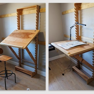 Puede incluir: Un escritorio de madera de pared con una tapa abatible. El escritorio est&aacute; hecho de madera clara y tiene un estante debajo. El escritorio est&aacute; en una habitaci&oacute;n con un suelo de madera clara y paredes blancas.