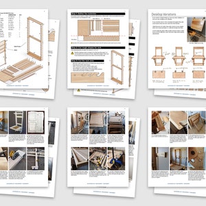 Puede incluir: Un conjunto de instrucciones detalladas para construir un escritorio plegable de pared. Las instrucciones incluyen diagramas, fotos y texto. El escritorio est&aacute; hecho de madera y tiene un dise&ntilde;o simple y moderno.