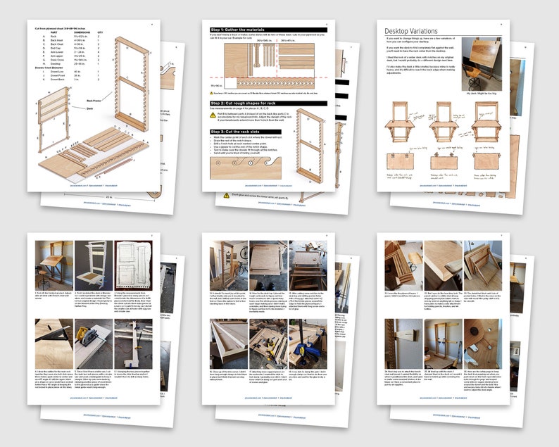 Puede incluir: Un conjunto de instrucciones detalladas para construir un escritorio plegable de pared. Las instrucciones incluyen diagramas, fotos y texto. El escritorio est&aacute; hecho de madera y tiene un dise&ntilde;o simple y moderno.