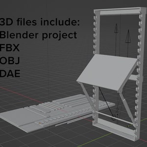 Puede incluir: Modelo 3D de una mesa plegable con un acabado gris. La mesa est&aacute; en una posici&oacute;n parcialmente abierta, mostrando el mecanismo que le permite plegarse. El modelo se representa en un software de modelado 3D, con un fondo de cuadr&iacute;cula. El texto "3D files include: Blender project FBX OBJ DAE" es visible en la imagen.