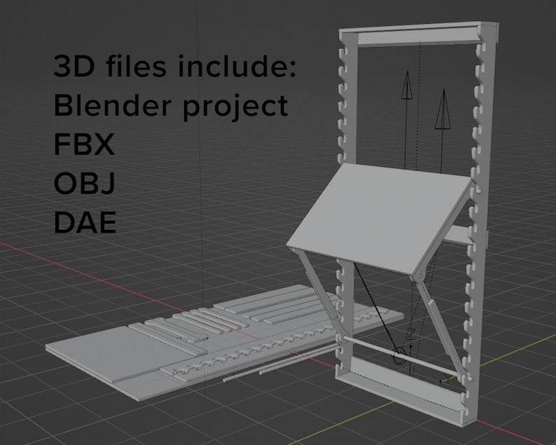 Puede incluir: Modelo 3D de una mesa plegable con un acabado gris. La mesa est&aacute; en una posici&oacute;n parcialmente abierta, mostrando el mecanismo que le permite plegarse. El modelo se representa en un software de modelado 3D, con un fondo de cuadr&iacute;cula. El texto "3D files include: Blender project FBX OBJ DAE" es visible en la imagen.