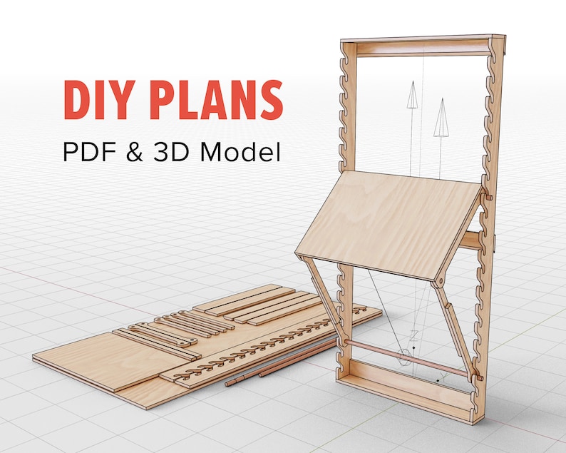 Puede incluir: Planos de bricolaje para un escritorio de pared plegable. Los planos incluyen un PDF y un modelo 3D. El escritorio est&aacute; hecho de madera y tiene un dise&ntilde;o sencillo. Los planos muestran las diferentes piezas de madera necesarias para construir el escritorio.