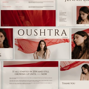 May include: A presentation slide deck with a red fabric background and the text "OUSHTRA" in black. The text "IT ALL STARTED IN 2014 AND STILL GROWING UP UNTIL - NOW" is also on the slide.