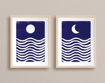 Set of 2 Prints of Sun and Moon Print, Blue Cresent Moon Mid Century Modern Art for Above Bed Decor, Printable