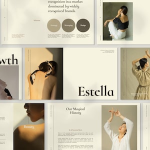 May include: A beige and brown brochure with the word "Growth" in black text on the cover. The brochure features images of women in various poses, with text about the company's history and mission.
